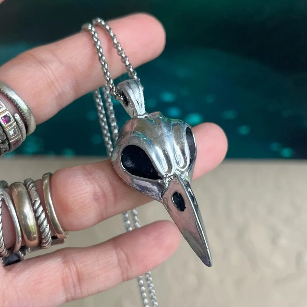 Handmade resin crow raven bird skull necklace (stainless steel chain ) boho goth - Picture 4 of 13